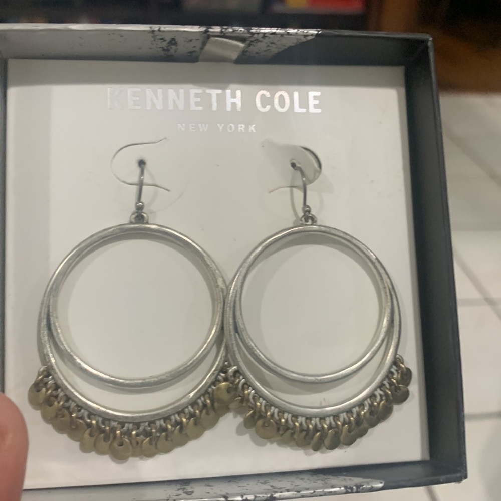 Kenneth Cole. Silver hoops with gold hanging ornaments